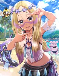  absurdres beach blonde_hair blue_sky breasts cleavage cloud collarbone female finger_frame granbull grey_eyes highres jewelry long_hair looking_at_viewer midriff mina_(pokemon) mina_(sygna_suit)_(pokemon) necklace ocean official_alternate_costume open_mouth outdoors paint_splatter paint_splatter_on_face parted_bangs pokemoa pokemon pokemon_(creature) pokemon_masters_ex ribombee sand sky tapu_fini tree upper_body wigglytuff 