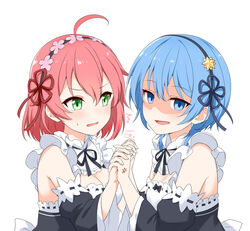  2girls :d absurdres ahoge anger_vein bare_shoulders black_dress black_ribbon blue_eyes blue_hair breasts cleavage cosplay detached_sleeves dress felutiahime flower_knot from_side green_eyes hair_ornament hair_ribbon hands_up highres holding_hands hololive hoshimachi_suisei juliet_sleeves large_breasts long_sleeves maid maid_headdress medium_hair micomet_(hololive) multiple_girls neck_ribbon open_mouth puffy_sleeves ram_(re:zero) ram_(re:zero)_(cosplay) re:zero_kara_hajimeru_isekai_seikatsu red_ribbon rem_(re:zero) rem_(re:zero)_(cosplay) ribbon ribbon-trimmed_dress ribbon-trimmed_sleeves ribbon_trim roswaal_mansion_maid_uniform sakura_miko short_hair simple_background smile star_(symbol) star_hair_ornament sweatdrop upper_body virtual_youtuber white_background white_dress 