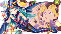  1boy bare_shoulders boots breasts chocolate chocolate_magician_girl closed_mouth clothing_cutout commentary_request duel_monster dyed_bangs eyelashes female food fruit garter_straps gloves green_hair hat heart highres holding holding_wand kiwi_(fruit) kiwi_slice koma_yoichi long_hair muto_yugi navel one_eye_closed pantyhose pointy_ears red_eyes skirt smile star_(symbol) thigh_boots thighhighs wand wings witch_hat yu-gi-oh! yu-gi-oh!_duel_monsters 