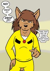  alan_foreman anthro black_nose bowman&#039;s_wolf brown_body brown_fur brown_hair canid canine canis clothed clothing dialogue english_text female florence_ambrose freefall_(webcomic) fur hair looking_at_viewer mammal red_wolf solo text wolf 