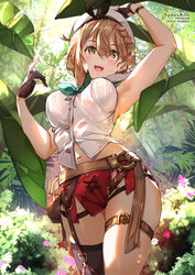  armpits artist_name atelier_(series) atelier_ryza atelier_ryza_2 belt braid breasts brown_belt brown_gloves brown_hair commentary cowboy_shot day english_commentary fanbox_username female flower forest gloves hair_ornament large_breasts leather_belt nature outdoors patreon_username red_shorts reisalin_stout shirt short_hair short_shorts shorts single_thighhigh skindentation sleeveless sleeveless_shirt solo sydus thick_thighs thigh_strap thighhighs thighs white_headwear 