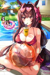  3girls absurdres animal_ears antenna_hair ball barefoot beach_umbrella beachball bikini bikini_skirt blue_bikini blue_innertube blush bow breasts brown_hair bubble_tea_challenge chair cleavage commentary_request daiwa_scarlet_(trifle_vacation)_(umamusume) daiwa_scarlet_(umamusume) drinking_straw drinking_straw_in_mouth ear_bow eyewear_on_head frilled_bikini frills front-tie_bikini_top front-tie_top hanamura_pink heart heart-shaped_eyewear highres holding holding_ball holding_beachball horse_ears horse_girl horse_tail indian_style innertube large_breasts long_hair looking_at_viewer lounge_chair low_twintails multiple_girls orange_bikini outdoors palm_tree partially_submerged pink_bow pool poolside red_bikini red_eyes red_hair short_hair sitting special_week_(umamusume) sunglasses swim_ring swimsuit tail tree twintails umamusume umbrella upper_body very_long_hair vodka_(umamusume) water 