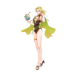  absurdres bare_arms blonde_hair blue_eyes breasts cape cleavage coconut collarbone covered_navel drinking_straw earrings female fingernails fire_emblem fire_emblem:_the_sacred_stones fire_emblem_heroes fruit_cup full_body highres holding jewelry long_hair looking_at_viewer medium_breasts official_art one-piece_swimsuit parted_bangs parted_lips sandals selena_(fire_emblem:_the_sacred_stones) selena_(summer)_(fire_emblem:_the_sacred_stones) shiny_skin simple_background solo swimsuit thigh_strap thighs toeless_footwear wada_sachiko white_background 