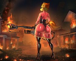  anthro ass big_butt black_boots black_clothing black_footwear black_latex blonde_hair boots clothing equid equine female fire flamethrower footwear friendship_is_magic gloves hair handwear hasbro hi_res high_heeled_boots high_heels latex latex_clothing legwear looking_at_viewer mammal multicolored_hair my_little_pony orange_hair pyro_(team_fortress_2) ranged_weapon red_latex skinsuit skintight_suit spitfire_(mlp) tail tail_wraps team_fortress_2 thick_thighs thigh_boots thigh_highs tight_clothing town transfaled two_tone_hair valve weapon wonderbolts_(mlp) wraps 