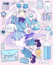  :3 arms_up artist_name bag black_footwear blue_bow blue_eyes blue_shirt bow bow_legwear calculator character_name cinnamoroll closed_mouth collared_shirt commentary creature_and_personification female gyaru hair_ornament hairbow hairclip highres holding holding_bag isosceless leg_warmers long_hair long_sleeves looking_to_the_side makeup mary_janes milk_carton miniskirt pen pencil_case personification plaid plaid_skirt platform_footwear pleated_skirt purple_skirt sanrio shirt shoes shoulder_bag skirt sleeves_past_wrists smile solo spanish_commentary standing standing_on_one_leg stationery sweater tamagotchi tamagotchi_(virtual_pet) thermos thighhighs twintails very_long_hair white_hair wing_hair_ornament zettai_ryouiki 