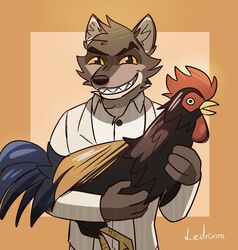  anthro avian bird black_body black_eyes black_feathers brown_body brown_fur canid canine canis chicken clothed clothed_male clothing dreamworks duo feathers feral fur galliform gallus_(genus) grin hand_on_body hi_res holding_another humor ledrixon male mammal mr._wolf_(the_bad_guys) multicolored_body multicolored_feathers phasianid pun simple_background smile suit the_bad_guys visual_pun white_clothing wolf yellow_sclera 