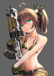  ahoge animal_hair_ornament apex_legends assault_rifle bare_shoulders belt bikini bikini_top_only black_belt black_gloves black_ribbon blue_eyes brown_hair brown_pants bullpup camouflage camouflage_bikini cat_hair_ornament charm_(object) commentary english_commentary female flat_chest gloves green_bikini green_gloves green_ribbons grey_background grey_gloves gun hair_ornament hair_ribbon head_tilt highres holding holding_gun holding_weapon hololive looking_at_viewer medium_hair multicolored_clothes multicolored_gloves natsuiro_matsuri navel no_shirt pants parted_lips ribbon rifle sabaku_chitai simple_background sitting solo stomach swimsuit two-tone_ribbon virtual_youtuber vk-47_flatline weapon 