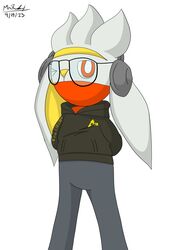  2023 absurd_res anthro band_hoodie black_body black_clothing black_fur black_hoodie black_topwear clothing dated electronics eyewear fur generation_8_pokemon glasses grey_body grey_fur hands_behind_back headphones hi_res hoodie lagomorph male mammal mr._raboot_the_raboot_(mrraboot) mrraboot nintendo one_eye_closed pokemon pokemon_(species) raboot red_eyes shaded signature simple_background simple_shading solo topwear wink 