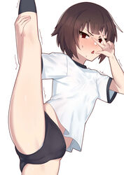  alternate_costume arms_up black_buruma black_socks breasts brown_hair buruma female gym_shirt highres kneehighs kono_subarashii_sekai_ni_bakuen_wo! kono_subarashii_sekai_ni_shukufuku_wo! looking_at_viewer megumin midriff_peek miga_(migao) panties panty_peek red_eyes shirt short_hair short_sleeves small_breasts socks solo split standing standing_on_one_leg standing_split trembling underwear v white_background white_panties white_shirt 