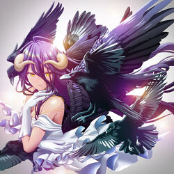  ahoge albedo_(overlord) animal bird black_hair black_wings commentary_request crow demon_horns dress feathered_wings female gloves grey_background hair_between_eyes highres horns k-ta long_hair looking_at_viewer off-shoulder_dress off_shoulder overlord_(maruyama) simple_background smile solo very_long_hair white_dress white_gloves wings yellow_eyes 