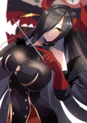  absurdres azur_lane bare_shoulders black_hair breasts conductor_baton female friedrich_der_grosse_(azur_lane) gloves hair_over_one_eye highres horn_ornament horns large_breasts long_hair mechanical_horns red_gloves red_horns see-through solo very_long_hair yamaha_tsui yellow_eyes 