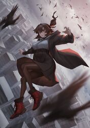  absurdres belt bird black_jacket black_skirt brown_hair building cloud female floating highres jacket original pantyhose ponytail red_eyes red_footwear shirt skirt sky solo toxic_ghost white_shirt 