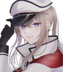  ayuko91 black_gloves blonde_hair capelet closed_mouth commentary_request female gloves graf_zeppelin_(kancolle) hair_between_eyes hat highres kantai_collection long_hair long_sleeves peaked_cap portrait purple_eyes simple_background solo white_background white_hat 