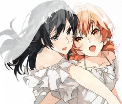  2girls bare_shoulders black_hair blue_eyes brown_eyes collarbone commentary dress faux_traditional_media highres kataru_(ubw-emiya) koito_yuu long_hair looking_at_another medium_hair multiple_girls nanami_touko open_mouth orange_hair simple_background sleeveless sleeveless_dress smile spaghetti_strap veil white_background white_dress yagate_kimi_ni_naru yuri 