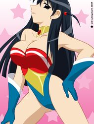  arm_on_thigh black_hair blue_gloves breasts collar cosplay dc_comics female gloves leotard long_hair parody school_rumble short_twintails solo tsukamoto_tenma twintails wonder_woman wonder_woman_(cosplay) 