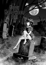  ahoge bare_tree barefoot black_moon_prophecy bottomless bra_strap bracelet choker commentary earrings female full_moon geewhy graveyard greyscale hair_ornament halloween happy_halloween highres hoop_earrings jewelry levi_(black_moon_prophecy) looking_at_viewer medium_hair monochrome moon multiple_moons nail_polish naked_shirt night night_sky off_shoulder original parted_lips pointy_ears scrunchie shirt short_sleeves sitting skull_hair_ornament sky solo toenail_polish toenails tombstone tree twintails wrist_scrunchie 