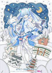  animal aomori_prefecture architecture bare_shoulders bare_tree blue_eyes blue_hair blue_necktie blue_scarf boots building castle commentary crescent_moon crypton_future_media detached_sleeves earmuffs east_asian_architecture female full_body grey_skirt grey_sleeves grey_thighhighs hair_ornament hatsune_miku headset highres hirosaki_castle holding_sewing_needle kiya_machi light_blue_hair long_hair looking_at_viewer miniskirt mittens moon necktie night official_art open_mouth pagoda piapro pleated_skirt rabbit rabbit_yukine scarf second-party_source shiny_clothes shirt skirt sleeveless sleeveless_shirt smile snowflake_print snowflakes solo star_(symbol) stitches thigh_boots thighhighs thread tree twintails very_long_hair vocaloid white_mittens white_scarf white_shirt yuki_miku yuki_miku_(2011) 