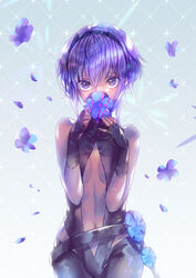  bare_shoulders belt black_gloves black_hairband black_leotard breasts center_opening cleavage dark-skinned_female dark_skin emoillu fate/prototype fate/prototype:_fragments_of_blue_and_silver fate_(series) female fingerless_gloves flower gloves hair_between_eyes hairband hassan_of_serenity_(fate) highres leggings leotard looking_at_viewer medium_breasts navel petals photoshop_(medium) purple_eyes purple_hair short_hair solo 