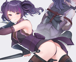  armpits ass blush bondage bondage bound breasts cut_bangs detached_sleeves diagonal_bangs female fingerless_gloves fingernails gloves idolmaster idolmaster_shiny_colors knife multicolored_hair ninja open_mouth purple_hair purple_nails sash short_sword shougun_(chuckni1) sideboob simple_background small_breasts smile streaked_hair sweat sword tanaka_mamimi throwing_knife twintails weapon white_background 