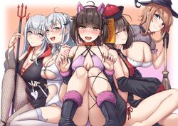  5girls absurdres ahoge akizuki_(kancolle) animal_ears ass bangle bare_shoulders black_footwear black_headwear blue_eyes boots bracelet breasts broom brown_hair check_commentary cleavage commentary_request demon_horns demon_tail fake_animal_ears fake_horns fake_tail fingernails fishnet_pantyhose fishnets fuyutsuki_(kancolle) green_eyes hair_flaps halloween halloween_costume hat hatsuzuki_(kancolle) highres horns jewelry kantai_collection kiritto large_breasts long_hair multiple_girls nail_polish ofuda one_side_up panties pantyhose pink_nails pink_panties polearm ponytail red_headwear red_horns short_hair sitting suzutsuki_(kancolle) tail teruzuki_(kancolle) trident underwear weapon white_hair witch_hat 