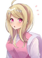  :o ahoge akamatsu_kaede backpack bag blonde_hair blush breasts collared_shirt commentary_request danganronpa_(series) danganronpa_v3:_killing_harmony eighth_note female hair_ornament highres large_breasts long_hair long_sleeves looking_at_viewer mizu_kuki musical_note musical_note_hair_ornament notice_lines open_mouth pink_eyes pink_sweater pink_sweater_vest shirt simple_background solo sweater sweater_vest teeth upper_body upper_teeth_only white_background white_shirt wing_collar 