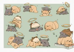  animal book bubba_(watson_amelia) canine commentary_request deerstalker halo hat highres hololive hololive_english lying no_humans noedelsgeest on_back open_mouth pet playing rolling sleeping takodachi_(ninomae_ina&#039;nis) tentacle thumbs_up tongue virtual_youtuber zzz 