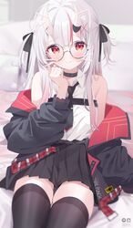  bare_shoulders black_choker black_jacket black_skirt black_thighhighs blush choker deyui female glasses gradient_hair grey_hair hair_ribbon hololive horns jacket long_hair looking_at_viewer multicolored_hair nakiri_ayame nakiri_ayame_(streetwear) necktie off_shoulder official_alternate_costume oni pleated_skirt red_eyes red_hair ribbon shirt skin-covered_horns skirt sleeveless sleeveless_shirt solo streaked_hair thighhighs two_side_up virtual_youtuber white_shirt 