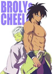  1boy ^_^ abs arms_at_sides back-to-back black_eyes black_hair broly_(dragon_ball_super) character_name cheelai closed_eyes closed_mouth clothes_around_waist coat colored_skin commentary_request cowboy_shot dot_nose dragon_ball dragon_ball_super dragon_ball_super_broly eyelashes female green_skin grey_hair hands_in_pockets happy height_difference light_smile locked_arms looking_at_another looking_back medium_hair messy_hair muscular open_mouth pectorals purple_coat short_hair simple_background takagi_takumi teeth topless_male upper_teeth_only very_short_hair waist_cape white_background 