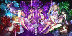  6+girls ahoge ass babydoll bandeau bare_shoulders barefoot bikini bikini_top_only blonde_hair blue_eyes braid breasts brown_hair cleavage cleopatra_(fate) closed_eyes closed_mouth copyright_name elephant_hat emoillu euryale_(fate) fate/extra fate/extra_ccc fate/grand_order fate/hollow_ataraxia fate_(series) feet french_braid frilled_hairband frills ganesha_(fate) gem glasses green_eyes green_hair grey_hair hair_bun hair_intakes hair_ribbon hairband highres jinako_carigiri large_breasts laurel_crown legs long_hair looking_at_viewer marie_antoinette_(fate) medium_breasts meltryllis_(fate) multiple_girls navel nero_claudius_(fate) nero_claudius_(fate/extra) open_mouth photoshop_(medium) plump purple_eyes purple_hair ribbon shrug_(clothing) siblings single_hair_bun sisters sitting sleeves_past_fingers sleeves_past_wrists small_breasts smile stheno_(fate) swimsuit thighs twins twintails very_long_hair 