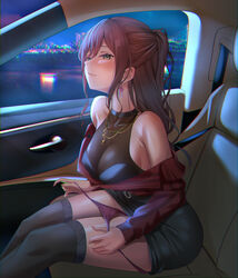  armpit_crease bang_dream! bare_shoulders black_shirt black_skirt black_thighhighs blurry blurry_background blush breasts brown_hair car_interior car_seat chromatic_aberration cleavage closed_mouth commentary earrings feet_out_of_frame female fingernails from_side furiousghafo green_eyes hair_between_eyes half-closed_eyes half_updo heart heart_necklace highres imai_lisa jewelry large_breasts leaning_forward long_hair long_sleeves looking_at_viewer looking_to_the_side miniskirt moonlight naughty_face necklace night nose_blush off_shoulder panties panty_pull pencil_skirt pendant pulling_own_clothes rabbit_earrings red_panties red_shirt seatbelt see-through shirt sideboob sidelocks sideways_glance sitting skirt skyline sleeveless sleeveless_shirt smirk solo string_panties striped_clothes striped_shirt thighhighs underwear vertical-striped_clothes vertical-striped_shirt wavy_hair 