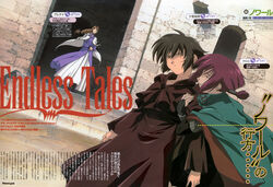  3girls absurdres altena_(noir) brown_hair chloe_(noir) cowl dutch_angle highres hood multiple_girls noir_(anime) official_art ponytail purple_eyes purple_hair red_eyes scan scan_artifacts short_hair yuumura_kirika 