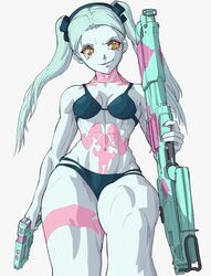  abs bikini blue_hair breasts cyberpunk_(series) cyberpunk_edgerunners dual_wielding english_commentary female gun handgun highres holding holding_gun holding_weapon looking_at_viewer multicolored_eyes muscular muscular_female rebecca_(cyberpunk) shotgun small_breasts solo swimsuit tattoo thick_thighs thighs toned twintails weapon white_background yoracrab 