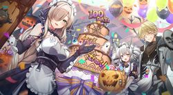  1boy 2girls absurdres apron balloon bianca:_veritas_(pact_of_zero)_(punishing:_gray_raven) bianca_(punishing:_gray_raven) blonde_hair blue_eyes blush breasts cake closed_eyes commentary drill_hair food green_eyes grey_hair hair_between_eyes halloween heterochromia highres holding holding_food holding_pumpkin holding_vegetable hood hood_down hoodie kamui:_tenebrion_(spectral_parade)_(punishing:_gray_raven) kamui_(punishing:_gray_raven) karenina:_ember_(deed_of_snow_leopard)_(punishing:_gray_raven) karenina_(punishing:_gray_raven) large_breasts long_hair maett maid maid_apron maid_headdress mechanical_arms multiple_girls official_art one_eye_covered open_mouth pumpkin punishing:_gray_raven short_hair smile standing teeth twin_drills vegetable white_hoodie wrist_cuffs yellow_eyes 