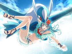  :d above_clouds absurdres alternate_color bikini blue_bikini blue_eyes blue_hair breasts carrying clear_glass_(mildmild1311) cloud commentary_request crossover day eirika_(fire_emblem) eirika_(summer)_(fire_emblem) feet female fire_emblem fire_emblem:_the_sacred_stones fire_emblem_heroes flower flying frilled_bikini frills hair_flower hair_ornament happy hibiscus highres latios layered_bikini leather_wrist_straps legs light_blue_hair long_hair looking_down navel o-ring off-shoulder_bikini off_shoulder open_mouth outdoors pokemon pokemon_(creature) princess_carry red_eyes sandals sidelocks sky small_breasts smile swimsuit thighs toes watermark wrist_cuffs 