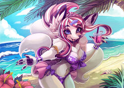  2019 4_fingers accessory anthro beach beaded_cord_end beads beverage bikini blue_eyes bow_(feature) bow_bikini bow_in_front bow_swimwear breasts bubble_tea canid canine cheek_tuft cleavage clothed clothing clothing_bow container cup day detailed_background disposable_cup facial_tuft female fingers fox fur hair hair_accessory hairclip half-length_portrait holding_beverage holding_container holding_cup holding_object inner_ear_fluff inutsukihasukii looking_at_viewer mammal multi_tail multicolored_body multicolored_fur multicolored_hair neck_tuft outside pattern_bikini pattern_clothing pattern_swimwear pawpads pink_hair polka_dot_bikini polka_dot_clothing polka_dots portrait purple_clothing purple_pawpads seaside solo spots spotted_bikini spotted_clothing spotted_swimwear swimwear tail tuft two_tone_body two_tone_fur two_tone_hair white_body white_fur 