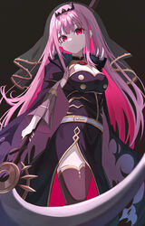  absurdres bad_id bad_pixiv_id black_background black_cloak black_dress black_nails black_thighhighs black_veil blunt_bangs breasts cleavage cloak closed_mouth colored_inner_hair cowboy_shot detached_sleeves dress female gold_trim highres holding holding_scythe hololive hololive_english large_breasts long_hair looking_at_viewer mori_calliope mori_calliope_(1st_costume) multicolored_hair pension_z pink_eyes pink_hair scythe side_slit solo spikes thighhighs tiara veil virtual_youtuber weapon 