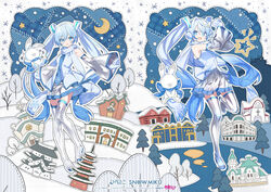  animal aomori_prefecture architecture arms_up bare_shoulders bare_tree blue_eyes blue_hair blue_necktie blue_scarf boots building castle commentary crescent_moon cross crypton_future_media detached_sleeves earmuffs east_asian_architecture female full_body goryoukaku grey_skirt grey_sleeves grey_thighhighs hair_ornament hakodate_(city) hatsune_miku headset highres hill hirosaki_castle holding_sewing_needle kiya_machi leg_up light_blue_hair long_hair looking_at_viewer miniskirt mittens moon multiple_views necktie night official_art open_mouth pagoda piapro pleated_skirt rabbit rabbit_yukine scarf second-party_source shiny_clothes shirt skirt sleeveless sleeveless_shirt smile snowflake_print snowflakes standing standing_on_one_leg star_(symbol) stitches thigh_boots thighhighs thread tree twintails very_long_hair vocaloid white_mittens white_scarf white_shirt yuki_miku yuki_miku_(2011) 