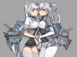  2girls bad_id bad_twitter_id black_gloves black_skirt bodysuit cape chou-10cm-hou-chan_(fuyutsuki&#039;s) chou-10cm-hou-chan_(suzutsuki&#039;s) clothes_writing fuyutsuki_(kancolle) gloves grey_background grey_cape grey_eyes grey_jacket grey_legwear hachimaki half_gloves headband jacket kantai_collection kusanagi_tonbo long_hair microskirt miniskirt multiple_girls neckerchief necktie one_side_up parted_lips pleated_skirt rigging sailor_collar school_uniform serafuku short_sleeves simple_background skirt suzutsuki_(kancolle) thighhighs white_bodysuit white_hair white_headband white_neckerchief white_necktie white_sailor_collar white_skirt 