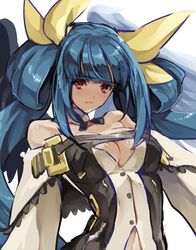  asymmetrical_wings belt blue_hair blush breasts choker collarbone commentary_request detached_sleeves dizzy_(guilty_gear) female guilty_gear guilty_gear_xrd hair_ribbon hair_rings highres jako_(toyprn) long_hair midriff monster_girl pout red_eyes ribbon solo twintails wings yellow_ribbon 