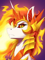  absurd_res amber_eyes armor black_sclera bust_portrait crown daybreaker_(mlp) diamond_(gem) equid equine female fire flaming_hair friendship_is_magic frown gem hasbro headgear helmet hi_res horn inner_ear_fluff looking_at_viewer mammal my_little_pony mythological_creature mythological_equine mythology orange_eyeshadow portrait profile pseudo_hair pupils side_view slit_pupils solo tuft twotail813 unicorn 