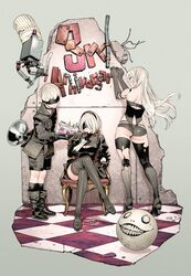  1boy 2b_(nier:automata) 2girls 9s_(nier:automata) a2_(nier:automata) android armlet ass black_blindfold black_dress black_gloves black_hairband black_shorts blindfold boots cleavage_cutout clothing_cutout commentary_request covered_eyes crossed_legs debris dress drone elbow_gloves emil_(nier) feather-trimmed_sleeves feather_trim from_behind gloves hairband high_heel_boots high_heels highres joints juliet_sleeves komi_shin&#039;ya leather leather_boots long_sleeves mole mole_under_mouth multiple_girls nier:automata nier_(series) pod_(nier:automata) puffy_sleeves robot robot_joints short_shorts shorts sitting standing tank_top thigh_boots thighhighs thighhighs_under_boots tile_floor tiles vambraces white_hair 