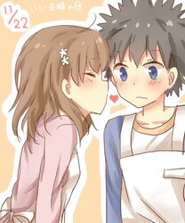  1boy apron black_hair blue_eyes blue_shirt blush bob_cut breasts brown_eyes brown_hair closed_eyes commentary date_pun female flower from_side hair_flower hair_ornament hairclip heart himaneko. imminent_kiss kamijou_touma kiss_day light_frown looking_ahead misaka_mikoto number_pun orange_background pink_shirt shirt short_hair short_sleeves simple_background small_breasts smile spiked_hair toaru_kagaku_no_railgun toaru_majutsu_no_index translated upper_body white_apron white_flower white_shirt 