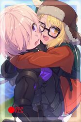  2girls alligator black_gloves blonde_hair blue_skirt blush breasts brown_headwear crocodilian echo_(circa) fate/grand_order fate_(series) glasses gloves hair_over_one_eye hat jacket large_breasts light_purple_hair long_sleeves looking_at_viewer mash_kyrielight mash_kyrielight_(ortenaus) medium_breasts multiple_girls one_eye_closed open_clothes open_jacket open_mouth paul_bunyan_(fate) purple_eyes red_jacket scarf short_hair skirt smile super_bunyan_(fate) super_bunyan_(first_ascension)_(fate) white_scarf yellow_eyes 