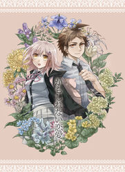  1boy ahoge animal_bag black_jacket blue_flower breasts brown_eyes brown_hair cat_bag collared_shirt commentary_request cropped_torso daisy danganronpa_(series) danganronpa_2:_goodbye_despair dress_shirt female flipped_hair floral_background flower flower_request forget-me-not_(flower) galaga gentiana_(flower) hair_ornament hairclip hand_up hinata_hajime jacket long_sleeves looking_at_viewer medium_breasts nanami_chiaki neck_ribbon necktie open_mouth pink_flower pink_ribbon purple_flower ribbon shirt short_hair skirt smile spaceship_hair_ornament suzuka_(rekkyo) teeth translated tulip upper_teeth_only white_flower white_shirt white_tulip yellow_flower 