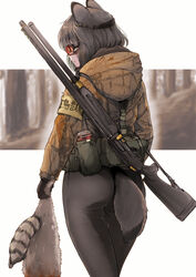  animal animal_ears armband ass batta_(kanzume_quality) black_hair female gloves goggles gun holding hunting jacket load_bearing_equipment original raccoon raccoon_ears raccoon_girl short_hair shotgun tail weapon 