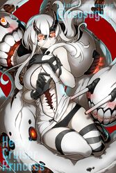  ... abyssal_ship artist_name asymmetrical_horns black_gloves black_horns black_shorts breasts character_name closed_mouth colored_skin cracked_skin female gloves heart heavy_cruiser_princess highres hole_in_chest hole_on_body hood hood_down horns kantai_collection large_breasts long_hair oso_(toolate) red_eyes short_shorts shorts solo spoken_ellipsis spoken_heart striped_clothes striped_thighhighs tail thighhighs uneven_horns white_hair white_skin 