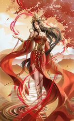  absurdres arm_up bare_legs bare_shoulders barefoot bracelet cai_lin_(doupo_cangqiong) closed_mouth doupo_cangqiong dress earrings female han_shi_reina highres jewelry long_hair looking_to_the_side mountain pointy_ears red_dress ripples smile solo third-party_source tiara water 