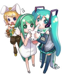  3girls :o :x animal animal_ears aprilred aqua_eyes aqua_hair aqua_necktie belt biting blush boots chinese_commentary clothed_animal commentary_request crossover detached_sleeves dress ear_biting eating eyebrows fake_animal_ears food_print from_above full_body grabbing_another&#039;s_ear green_eyes green_hair hair_between_eyes hair_flaps hair_ornament hairclip hand_on_another&#039;s_ear hatsune_miku headphones holding kagamine_rin long_hair looking_at_another looking_at_viewer lowres miffy miffy_(character) multiple_crossover multiple_girls necktie no_nose polka_dot polka_dot_scarf print_scarf pulling rabbit rabbit_ears sandals saya_(saya_no_uta) saya_no_uta scared scarf shirt shoes shorts skirt sleeveless sleeveless_shirt spring_onion standing swept_bangs teardrop thigh_boots thighhighs transparent_background very_long_hair vocaloid white_dress white_footwear 