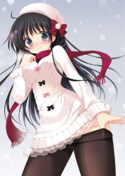  aran_sweater bad_id bad_pixiv_id black_eyes black_hair black_pantyhose blush bow breath cable_knit clothes_pull commentary_request cowboy_shot dress female fringe_trim hairbow hat long_hair looking_at_viewer original pan_(mimi) pantyhose pantyhose_pull photoshop_(medium) plaid pom_pom_(clothes) pulling_own_clothes red_scarf scarf smile snowing solo sweater sweater_dress undressing 