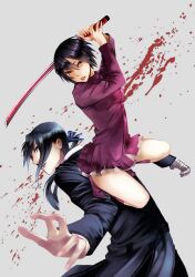  1boy bad_id bad_pixiv_id black_hair blood blood+ blood_splatter blood_spray blue_eyes dress female formal hagi_(blood+) jumping katana looking_back manako_obiko otonashi_saya ponytail reaching red_eyes short_hair suit sword weapon 